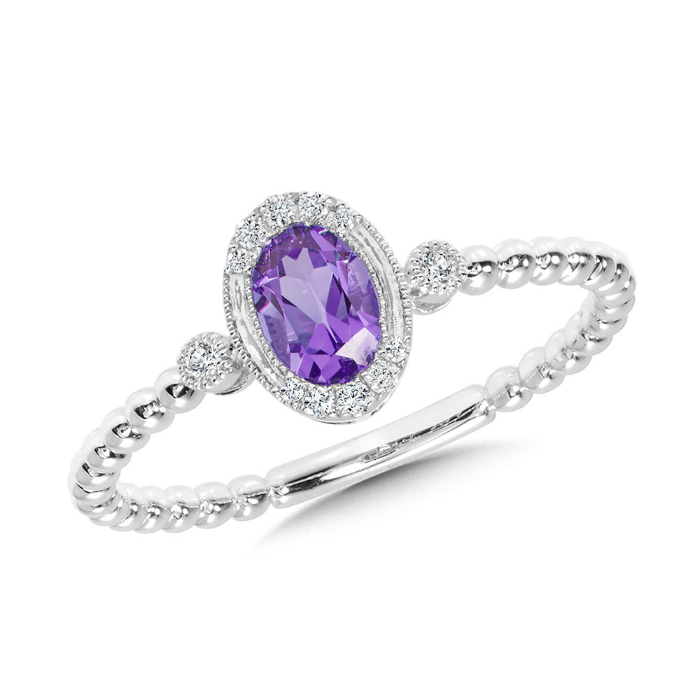 14K WHITE GOLD BEADED HALO RING SIZE 7 WITH ONE 0.37CT OVAL AMETHYST AND 12=0.07TW ROUND H-I I1 DIAMONDS   (1.51 GRAMS)