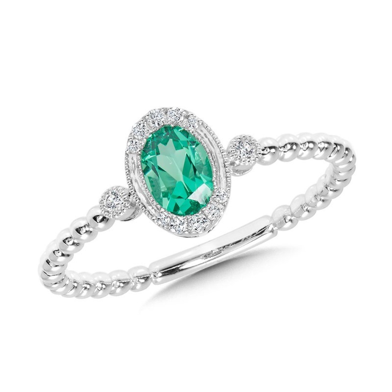 14K WHITE GOLD BEADED HALO RING SIZE 7 WITH ONE 0.46CT OVAL GREEN QUARTZ AND 12=0.07TW ROUND H-I I1 DIAMONDS  (1.59 GRAMS)