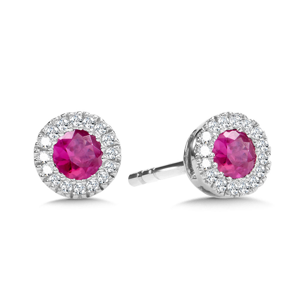 14K WHITE GOLD HALO EARRINGS WITH 2=0.28TW ROUND RUBYS AND 32=0.09TW SINGLE CUT H-I I1 DIAMONDS    (1.34 GRAMS)