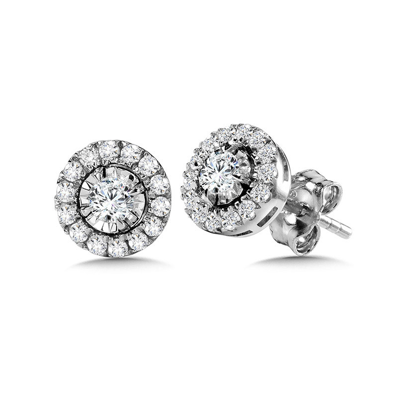 14K WHITE GOLD HALO DIAMOND EARRINGS WITH 30=0.75TW ROUND H-I I1 DIAMONDS   (3.27 GRAMS)
