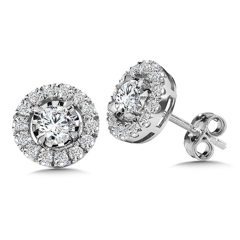 14K WHITE GOLD HALO DIAMOND EARRINGS WITH 30=1.00TW ROUND H-I I1 DIAMONDS   (3.34 GRAMS)