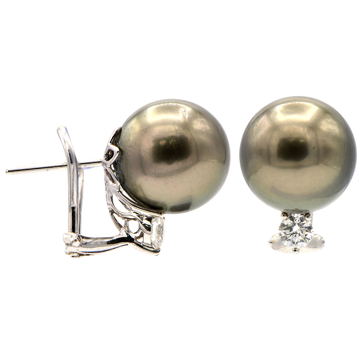 18K WHITE GOLD EARRING WITH 2=12.00X13.00MM TAHITIAN PEARLS AND 2=0.40TW ROUND G-H SI1-SI2 DIAMONDS