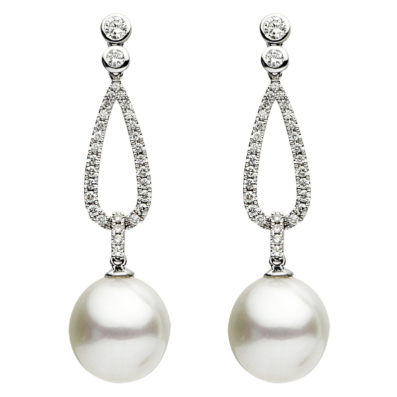 18K WHITE GOLD DANGLE EARRING WITH 2=12.00X13.00MM SOUTH SEA PEARLS AND 62=0.76TW ROUND G-H VS2-SI1 DIAMONDS