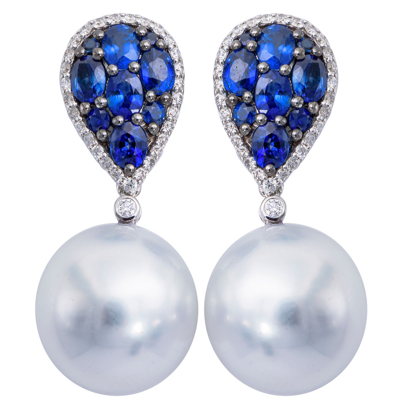 18K WHITE GOLD DANGLE EARRING 2=14.00MM SOUTH SEA PEARLS  18=2.28TW ROUND AND OVAL SAPPHIRES AND 58=0.40TW ROUND G-H SI1-SI2 DIAMONDS