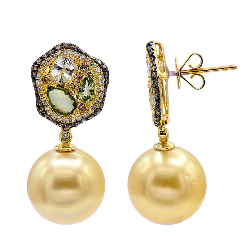 18K YELLOW GOLD DANGLE EARRING 2=13.00X14.00MM GOLDEN SOUTH SEA PEARLS  2=0.88TW OVAL WHITE SAPPHIRES  4=1.73TW PEAR GREEN SAPPHIRES  50=0.41TW ROUND BROWN DIAMONDS AND   66=0.20TW ROUND G-H SI1-SI2 DIAMONDS