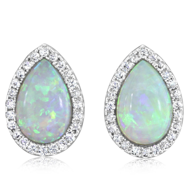 14K WHITE GOLD STUD EARRINGS WITH 2 = 9.00X6.00MM PEAR AUSTRALIAN CABOCHON OPALS AND 48 = 0.29TW ROUND H-I SI2 DIAMONDS  (2.98 GRAMS)