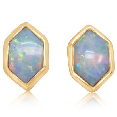 14K YELLOW GOLD STUD EARRINGS WITH 2=0.66TW HEXAGON AUSTRALIAN OPALS   (1.09 GRAMS)