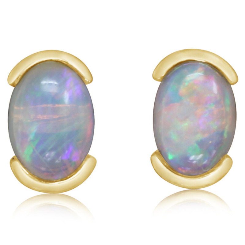 14K YELLOW GOLD STUD EARRINGS WITH 2 = 0.92TW OVAL AUSTRALIAN OPALS   (1.31 GRAMS)
