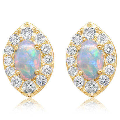 14K YELLOW GOLD HALO EARRINGS WITH 2=0.54TW OVAL AUSTRALIAN LIGHT OPALS AND 24=0.42TW ROUND H-I SI2 DIAMONDS