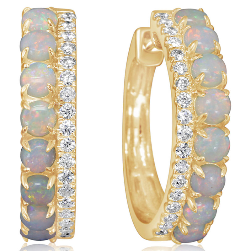 14K YELLOW GOLD HOOP EARRINGS WITH 16 = 3.00MM ROUND AUSTRALIAN OPALS AND 36 = 0.34TW ROUND G-H SI1 DIAMONDS  (6.34 GRAMS)