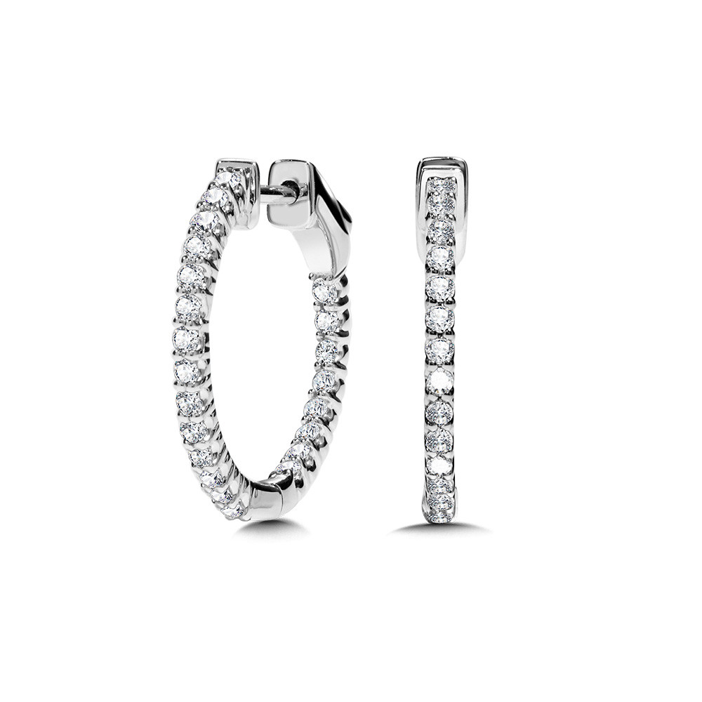 14K WHITE GOLD INSIDE OUT HOOP DIAMOND EARRINGS WITH 44=0.50TW ROUND H-I I1 DIAMONDS    (3.52 GRAMS)