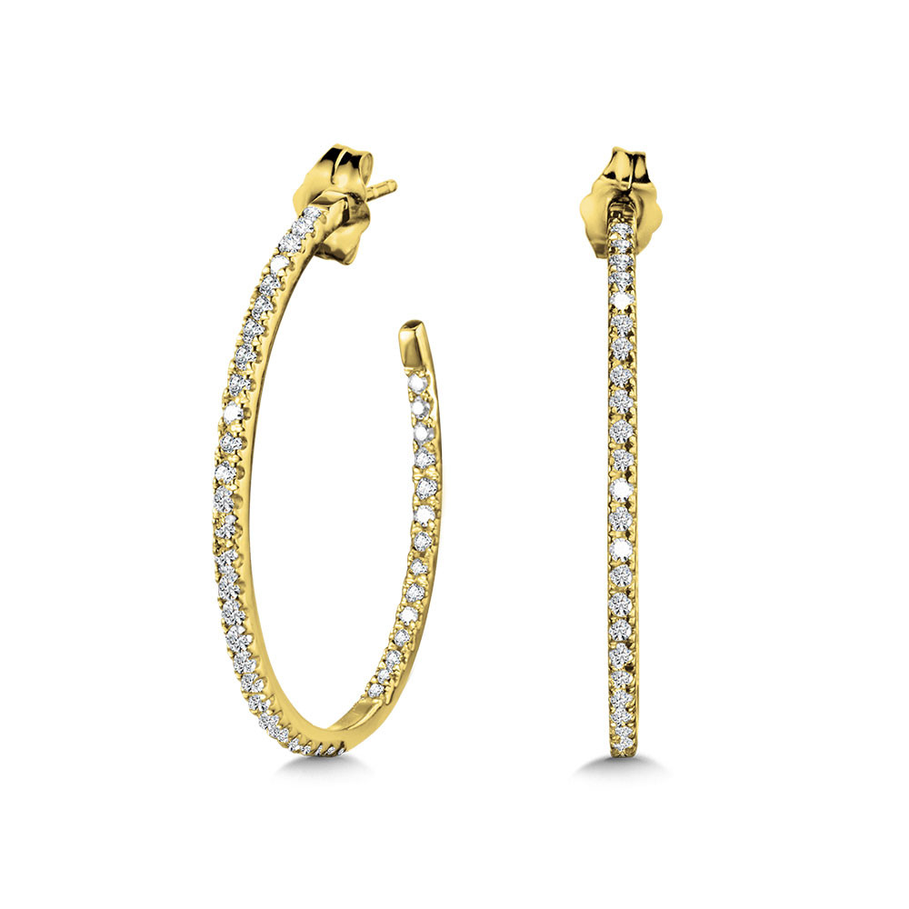 14K YELLOW GOLD INSIDE OUT HOOP DIAMOND EARRINGS WITH 84=0.75TW ROUND H-I I1 DIAMONDS   (4.07 GRAMS)