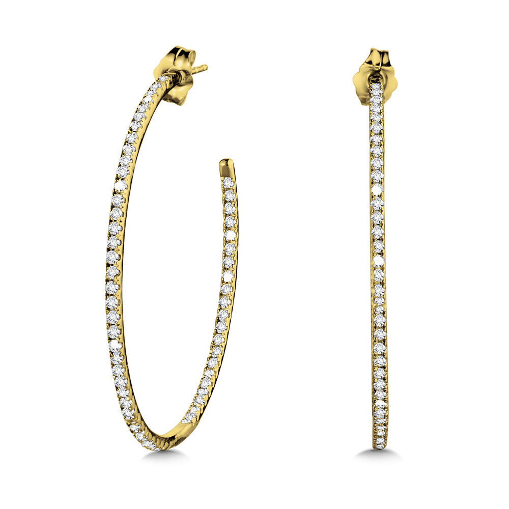 14K YELLOW GOLD INSIDE OUT HOOP DIAMOND EARRINGS WITH 122=1.00TW ROUND H-I I1 DIAMONDS