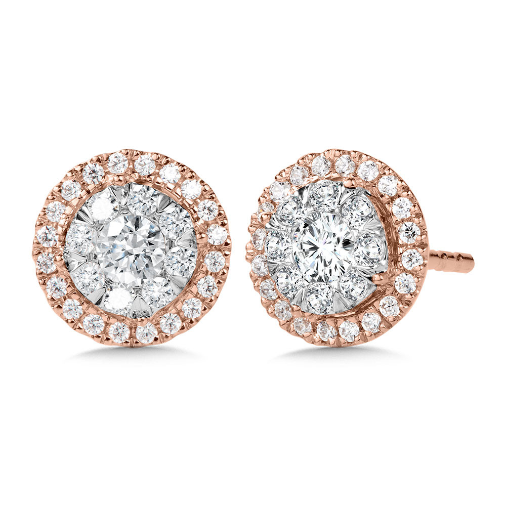 14K WHITE & ROSE GOLD CLUSTER DIAMOND EARRINGS WITH 58=0.50TW ROUND H-I I1 DIAMONDS    (1.67 GRAMS)