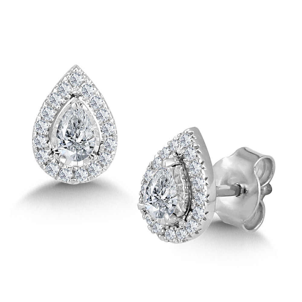 14K WHITE GOLD HALO DIAMOND EARRINGS WITH 2= PEAR DIAMONDS AND 34=ROUND H-I I1 DIAMONDS 0.50TW