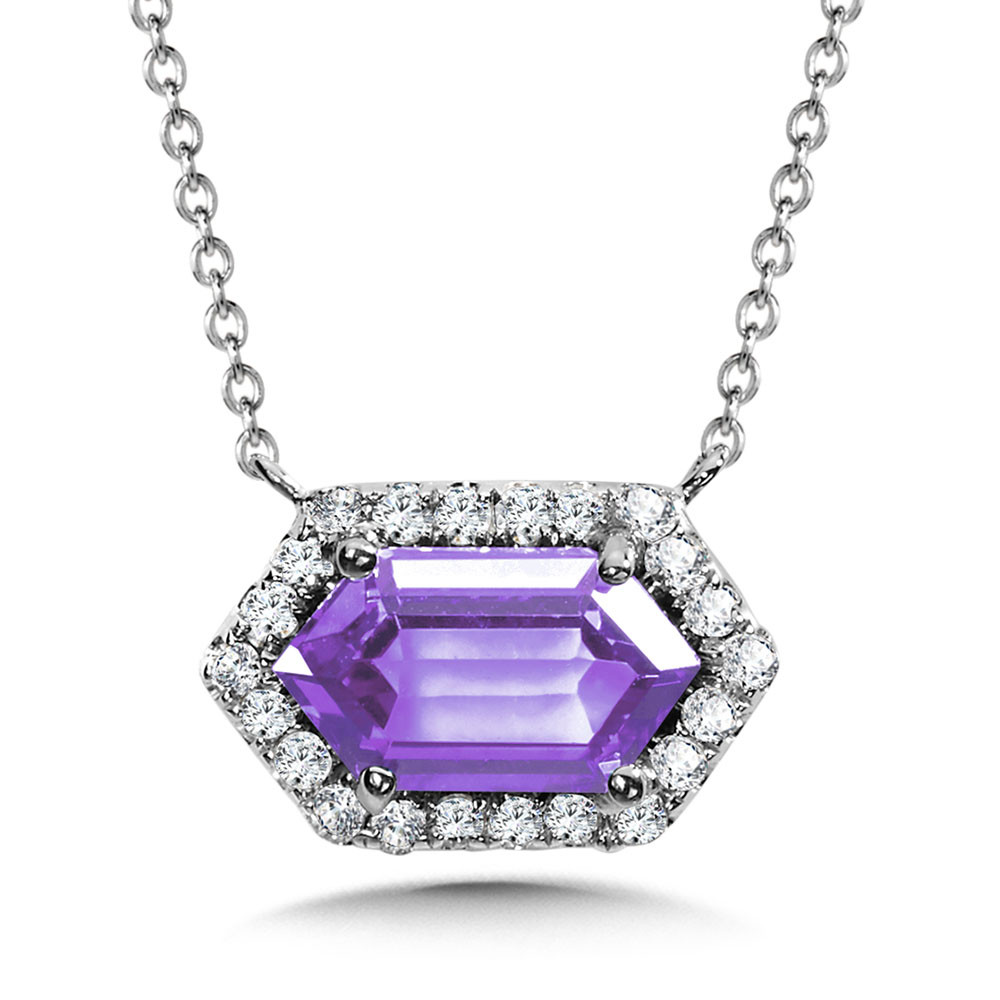 14K WHITE GOLD HALO NECKLACE WITH ONE 1.00CT ELONGATED HEXAGON AMETHYST AND 22=0.10TW ROUND H-I I1 DIAMONDS  17