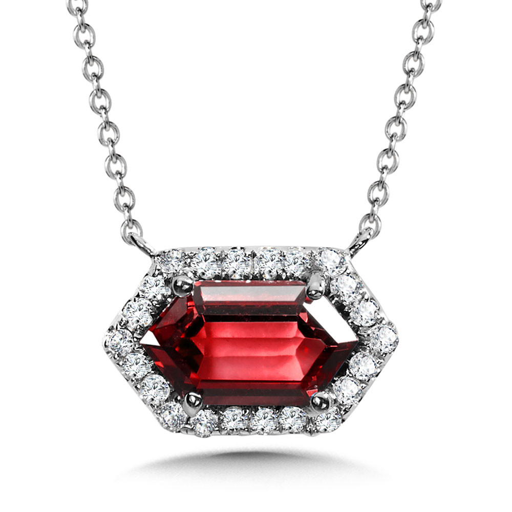 14K WHITE GOLD HALO NECKLACE WITH ONE 1.00CT ELONGATED HEXAGON GARNET AND 22=0.10TW ROUND H-I I1 DIAMONDS 17