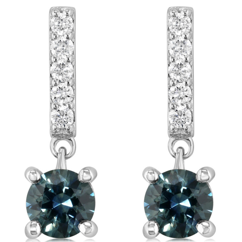 14K WHITE GOLD DANGLE EARRINGS WITH 2 = 1.00TW ROUND MONTANA SAPPHIRES AND 10 = 0.15TW ROUND H-I SI2 DIAMONDS  (1.82 GRAMS)