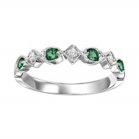 10K WHITE GOLD MILGRAIN STACKABLE RING SIZE 7 WITH 4=0.16TW ROUND EMERALDS AND 3=0.05TW ROUND H-I I1 DIAMONDS   (1.46 GRAMS)