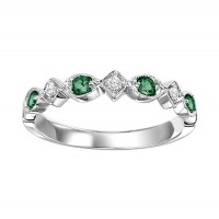 10K WHITE GOLD MILGRAIN STACKABLE RING SIZE 7 WITH 4=0.16TW ROUND EMERALDS AND 3=0.05TW ROUND H-I I1 DIAMONDS   (1.38 GRAMS)