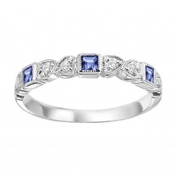 10K WHITE GOLD MILGRAIN STACKABLE RING SIZE 7 WITH 3=0.20TW PRINCESS BLUE SAPPHIRES AND 6=0.08TW ROUND H-I I1 DIAMONDS