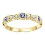 10K YELLOW GOLD STACKABLE RING SIZE 7 WITH 3=0.20TW PRINCESS SAPPHIRES AND 6=0.08TW ROUND I I1 DIAMONDS