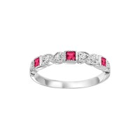 10 KARAT WHITE GOLD STACKABLE RING SIZE 7 WITH 6=0.10TW ROUND I COLOR I1 CLARIYT DIAMONDS AND 3=0.22TW PRINCESS RUBYS