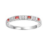 10K WHITE GOLD MILGRAIN STACKABLE RING SIZE 7 WITH 4=0.13TW BAGUETTE RUBYS AND 5=0.10TW ROUND H-I I1-I2 DIAMONDS  (1.36 GRAMS)