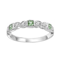 10K WHITE GOLD STACKABLE RING SIZE 7 WITH 6=0.10TW ROUND I I1 DIAMONDS AND 3=0.10TW PRINCESS EMERALDS  (1.44 GRAMS)