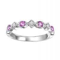 10K WHITE GOLD STACKABLE RING SIZE 7 WITH 4=0.17TW ROUND PINK SAPPHIRES AND 3=0.05TW ROUND H-I I1 DIAMONDS  (1.57 GRAMS)