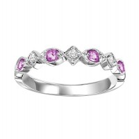 10K WHITE GOLD STACKABLE RING SIZE 7 WITH 4=0.17TW ROUND PINK SAPPHIRES AND 3=0.05TW ROUND H-I I1 DIAMONDS  (1.60 GRAMS)