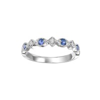 10 KARAT WHITE GOLD STACKABLE RING SIZE 7 WITH 3=0.05TW ROUND I COLOR I1 CLARITY DIAMONDS AND 4=0.17TW ROUND SAPPHIRES  (1.37 GRAMS)