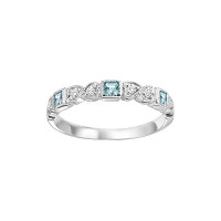 10 KARAT WHITE GOLD STACKABLE RING SIZE 7 WITH 6=0.09TW ROUND I COLOR I1 CLARITY DIAMONDS AND 3=0.23TW PRINCESS BLUE TOPAZS   (1.43 GRAMS)