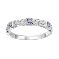 10K WHITE GOLD MILGRAIN STACKABLE RING SIZE 7 WITH 3=0.16TW PRINCESS AMETHYSTS AND 6=0.08TW ROUND H-I I1 DIAMONDS