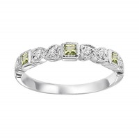 10K WHITE GOLD STACKABLE RING SIZE 7 WITH 3=0.17TW PRINCESS PERIDOTS AND 6=0.08TW ROUND H-I SI2-I1 DIAMONDS