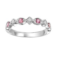 10K WHITE GOLD MILGRAIN STACKABLE RING SIZE 7 WITH 4=0.17TW ROUND PINK TOURMALINES AND 4=0.05TW ROUND H-I SI2-I1 DIAMONDS