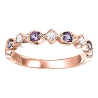 10K ROSE GOLD STACKABLE RING SIZE 7 WITH 4=0.20TW ROUND AMETHYSTS AND 4=0.05TW ROUND H-I I1 DIAMONDS