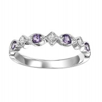 10 KARAT WHITE GOLD STACKABLE RING SIZE 7 WITH 3=0.06TW ROUND I COLOR I1 CLARITY DIAMONDS AND 4=0.21TW ROUND AMETHYSTS  (1.34 GRAMS)
