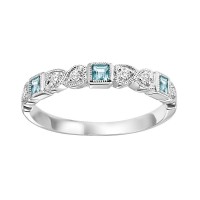 10K WHITE GOLD STACKABLE RING SIZE 7 WITH 3=0.20TW PRINCESS AQUAS AND 6=0.10TW ROUND H-I SI2-I1 DIAMONDS