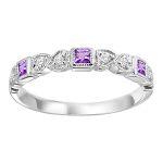 10K WHITE GOLD STACKABLE RING SIZE 7 WITH 6=0.10TW ROUND H-I SI2-I1 DIAMONDS AND 3=0.16TW PRINCESS CREATED ALEXANDRITES