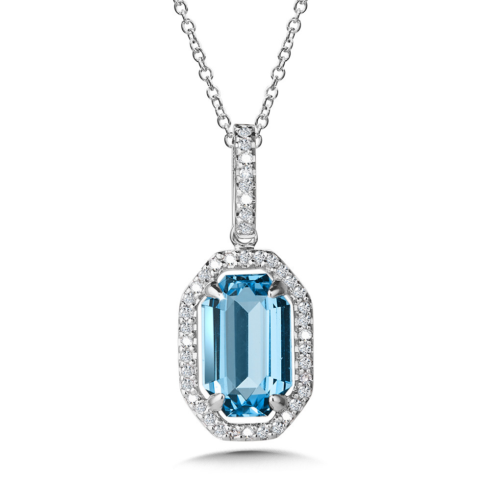 14K WHITE GOLD HALO PENDANT WITH ONE 2.00CT VARIOUS SHAPES BLUE TOPAZ AND 42=0.14TW SINGLE CUT H-I I1 DIAMONDS 18