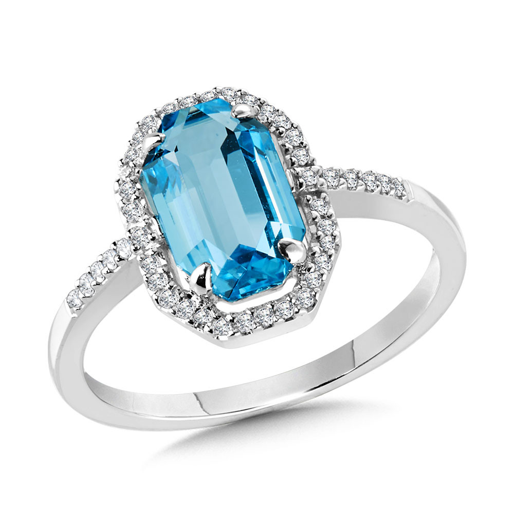 14K WHITE GOLD HALO RING SIZE 7 WITH ONE 2.00CT VARIOUS SHAPES BLUE TOPAZ AND 72=0.14TW SINGLE CUT H-I I1 DIAMONDS   (2.69 GRAMS)