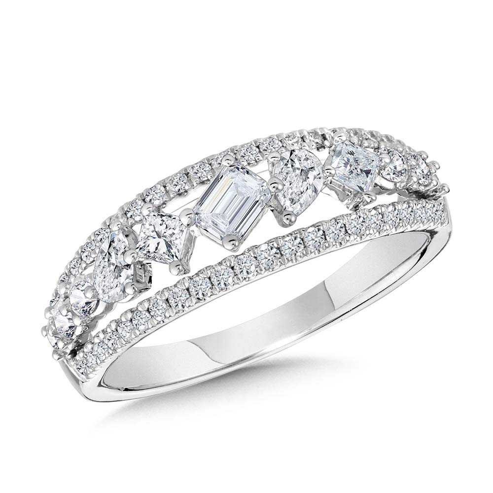 14K WHITE GOLD DIAMOND FASHION RING SIZE 7 WITH 55=1.00TW VARIOUS SHAPES H-I I1 DIAMONDS   (4.06 GRAMS)