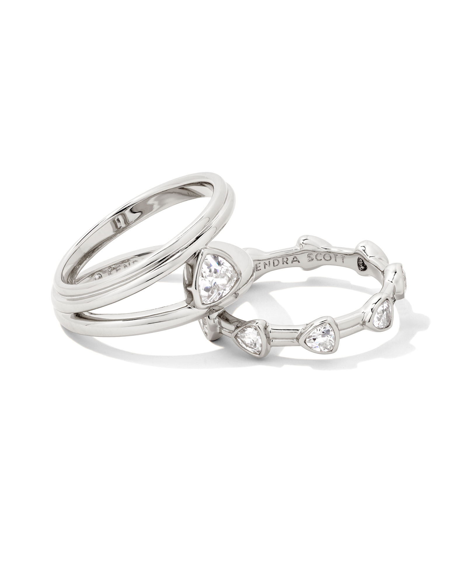 KENDRA SCOTT ARDEN COLLECTION RHODIUM PLATED BRASS FASHION RINGS SIZE 8 SET OF 2 WITH WHITE CRYSTALS