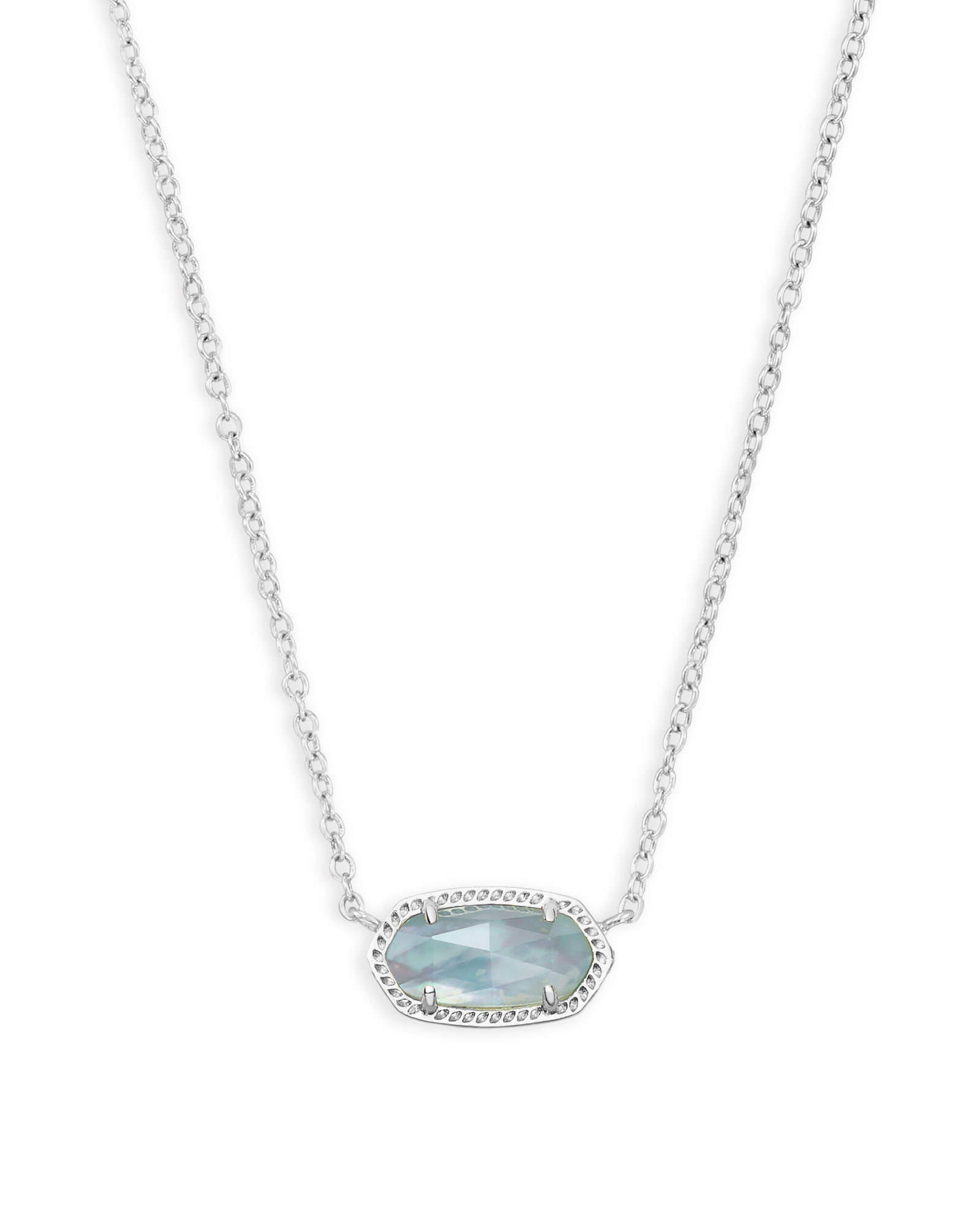 KENDRA SCOTT RHODIUM PLATED BRASS FASHION NECKLACE SIZE 17 WITH LIGHT BLUE ILLUSION PENDANT