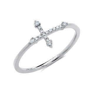 SHY CREATION 14 KARAT WHITE GOLD SIDEWAYS CROSS DIAMOND FASHION RING SIZE 7 WITH 4= ROUND DIAMONDS AND 12=0.09TW SINGLE CUT I COLOR I1 CLARITY DIAMONDS