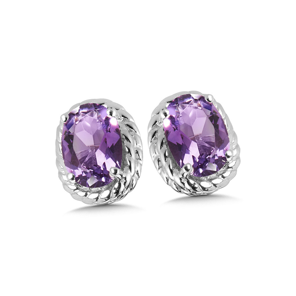 STERLING SILVER ROPE STUD EARRINGS WITH 2=6.00X4.00MM OVAL AMETHYSTS  (1.70 GRAMS)