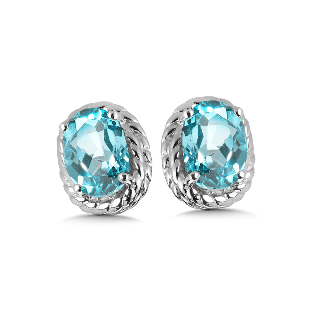 STERLING SILVER ROPE STUD EARRINGS WITH 2=6.00X4.00MM OVAL AQUAS    (1.62 GRAMS)