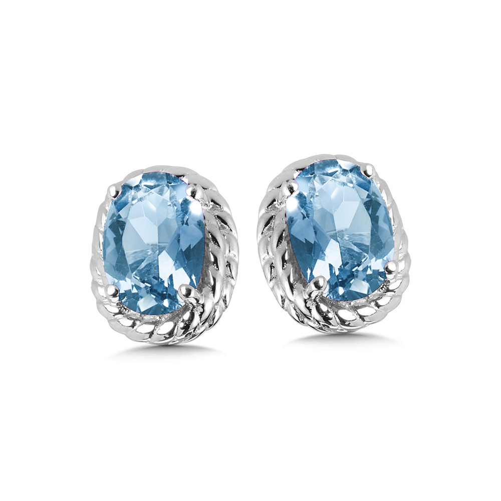 STERLING SILVER ROPE STUD EARRINGS WITH 2=6.00X4.00MM OVAL BLUE TOPAZS    (1.71 GRAMS)