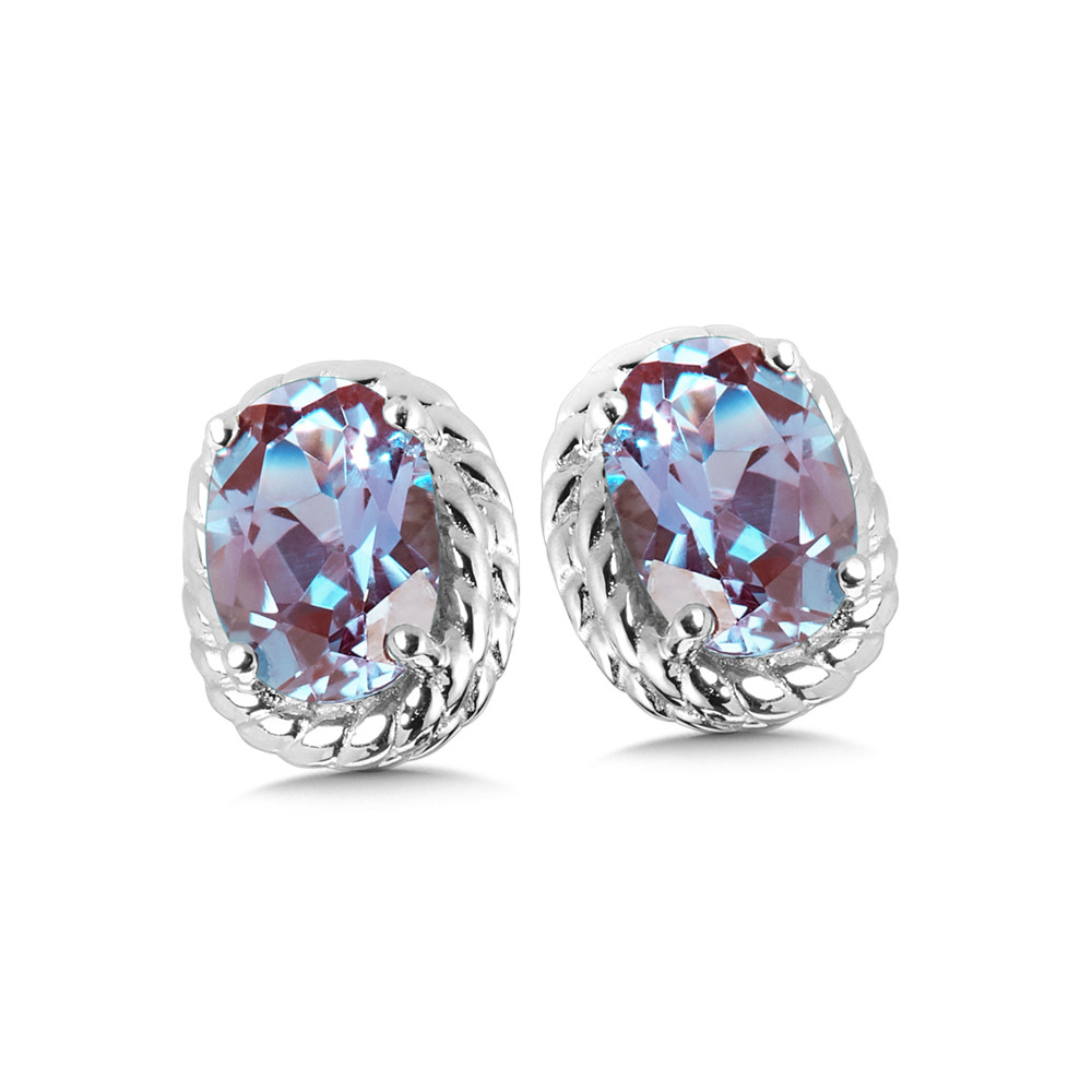 STERLING SILVER ROPE STUD EARRINGS WITH 2=6.00X4.00MM OVAL CREATED ALEXANDRITES   (1.77 GRAMS)